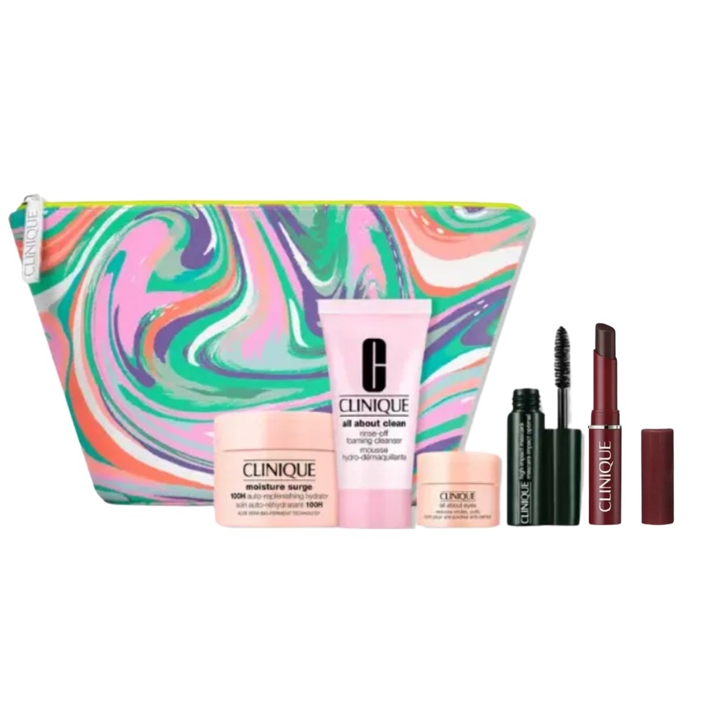 CLINIQUE 6 pc Skincare/Makeup Bundle with Bonus Lipstick and Cosmetic Bag - NEW!